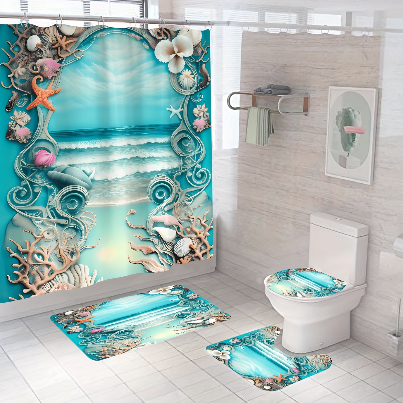4PCS Mushroom Butterfly Flower Shower Curtain Set with Non-Slip Rugs,  Toilet Lid Cover and Bath Mat, Moon Stars Shower Curtain with 12 Hooks,  Durable