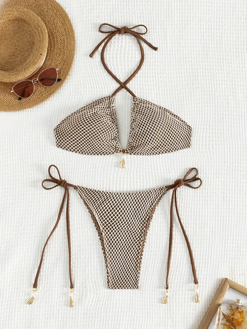 Textured Fabris 2-teiliges Set Bikini, Halter Neck Stretchy Tie Side High  Cut Swimsuits, Damen Bademode & Bekleidung