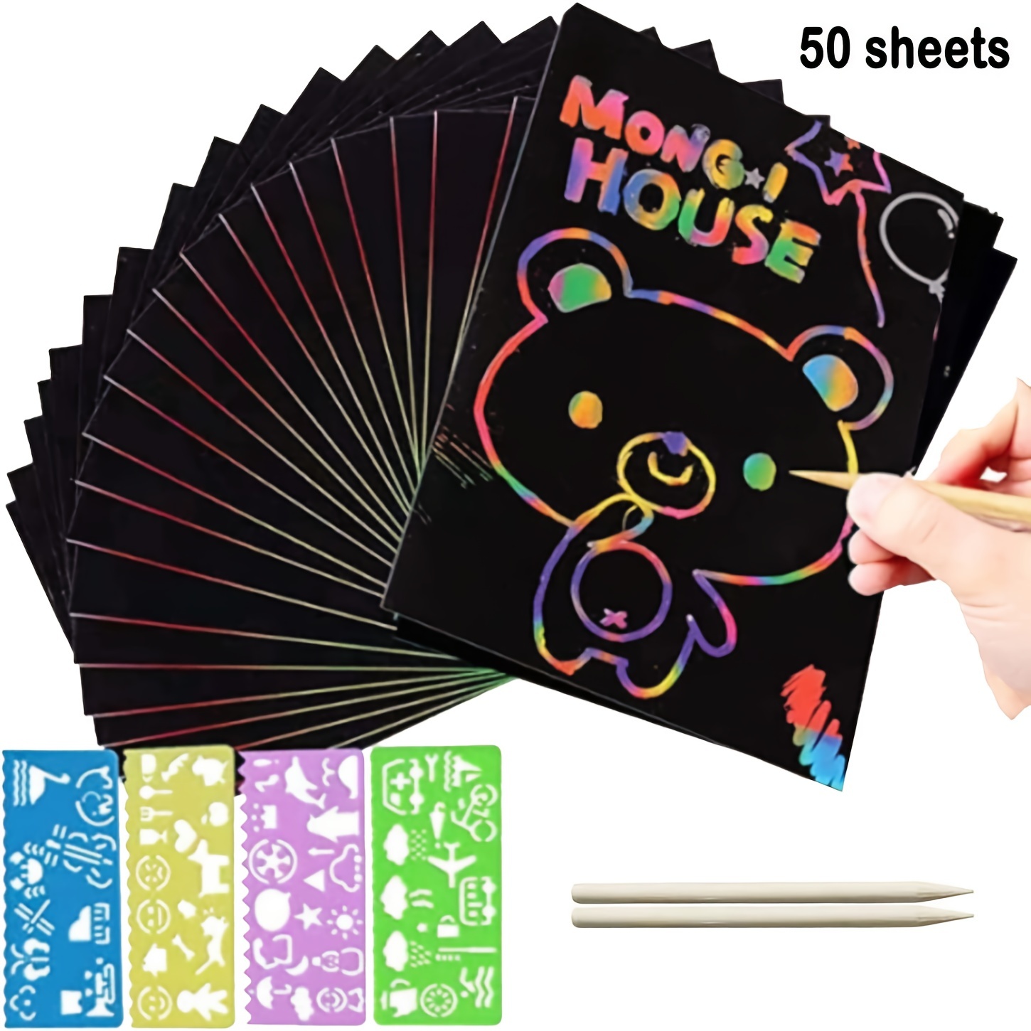 Scratch Paper Set for Kids, 50Pcs Rainbow Scratch Art Papers and