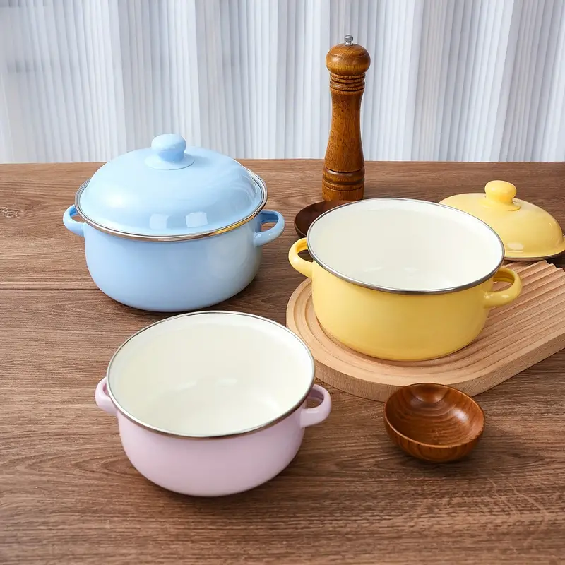 Enamel Pot With Lid For Cooking,,,, Three Colors Enamel Stock Pot, Vintage  Cookware With Dural Handle, Ideal For 1-2 Person, Kitchenware, Kitchen  Supplies, Kitchen Items - Temu
