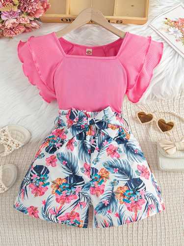 Teen Girls 2pcs Square Neck Ruffle Sleeve Top & Tropical Floral High Waited Shorts Summer Two-Piece Outfit