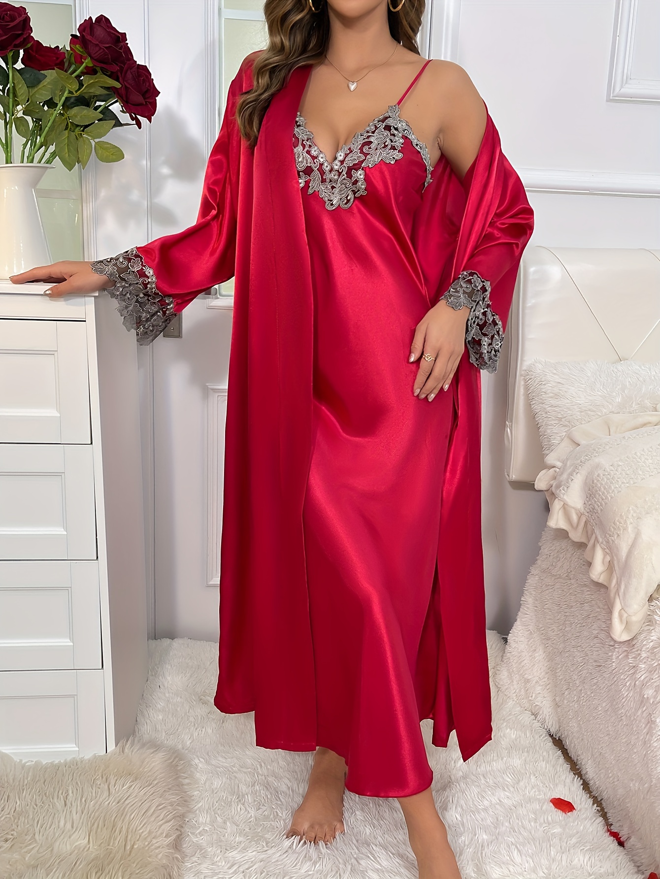 Plus Size Sexy Nightgown Set, Women's Plus Satin V Neck Cami Dress &  Contrast Trim Long Sleeve Open Front Robe With Belt, Pajama Two Piece Set