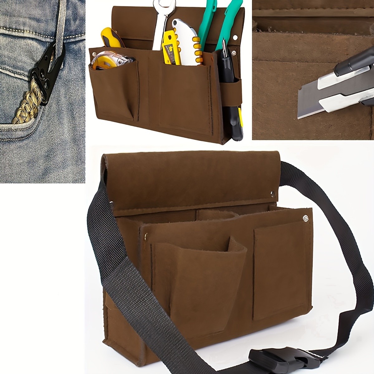 Cinturón de herramientas de construcción resistente marrón y negro de 11  bolsillos, delantal de trabajo, bolsa de herramientas, con hebilla de