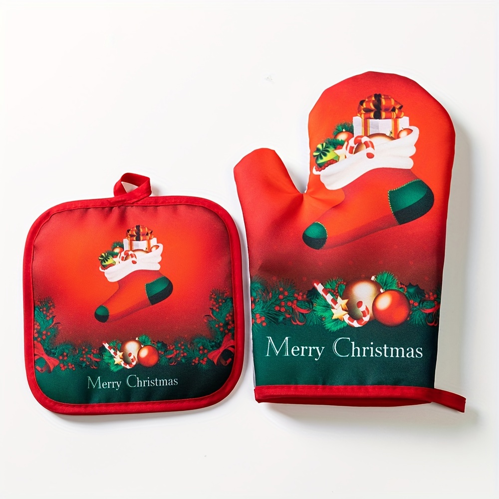 Cotton Oven Mitt Set, Christmas Theme Printed Heat Resistant Mitts