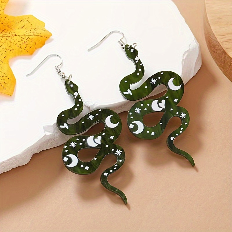 Punk Star & Moon Snake Dangle Earrings Edgy Gothic Jewelry