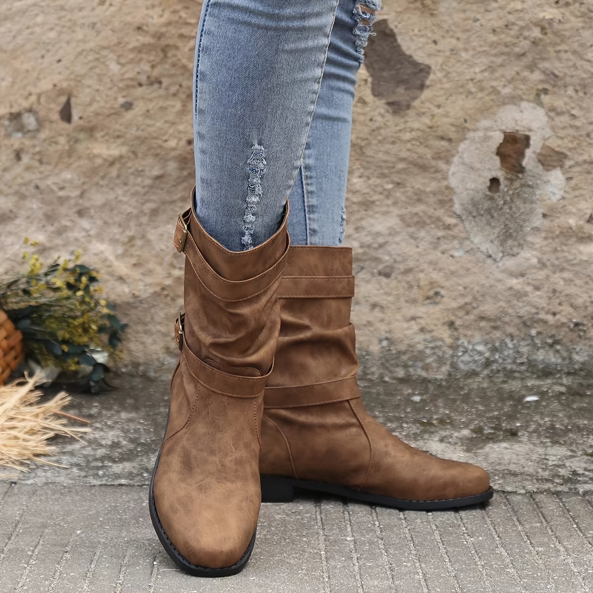 Women's Denim Mid Calf Boots, Buckle Strap Slouchy Pull On Cowboy Boots,  Fashion Chunky Low Heeled Boots - Temu