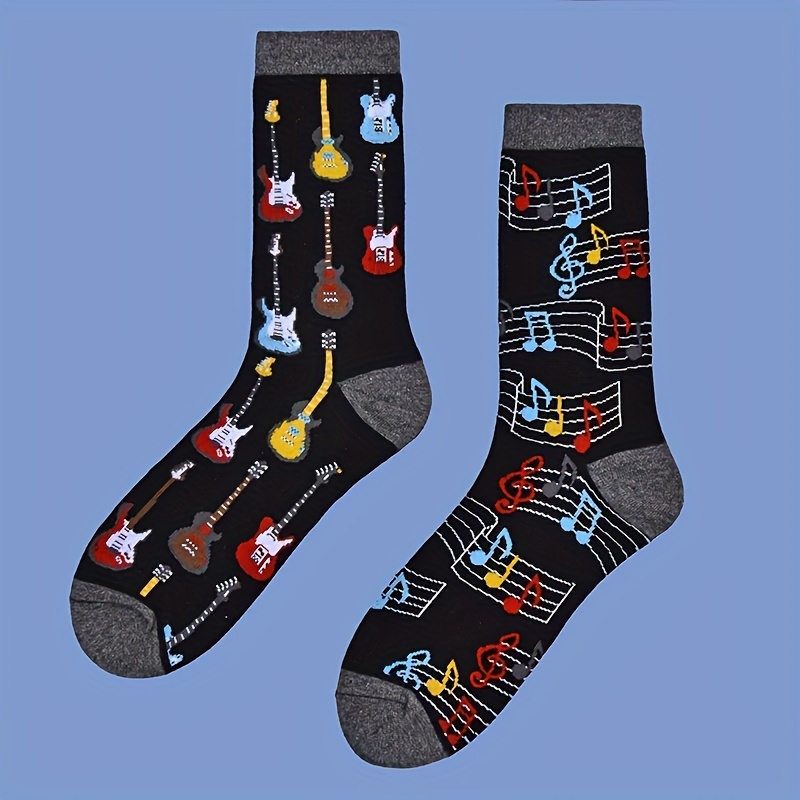 

1 Pair Men's Novelty Non-slip Bottom Rubber Guitar Pattern Graphic Breathable Cotton Blend Comfy Mid Crew Socks For Autumn Winter Daily Wear, Birthday Gifts