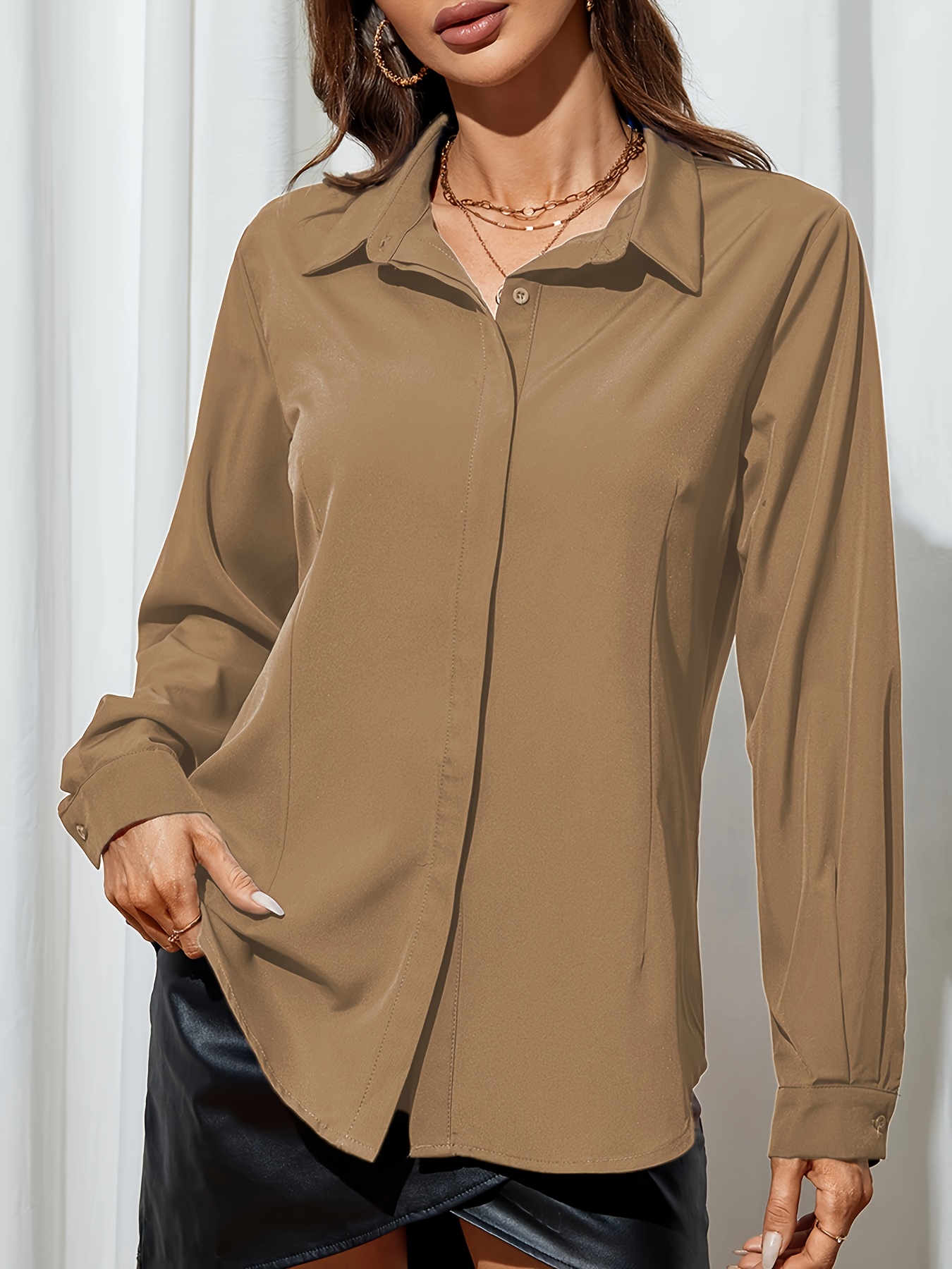 Solid Button Front Blouse Casual Long Sleeve Collar Work - Temu
