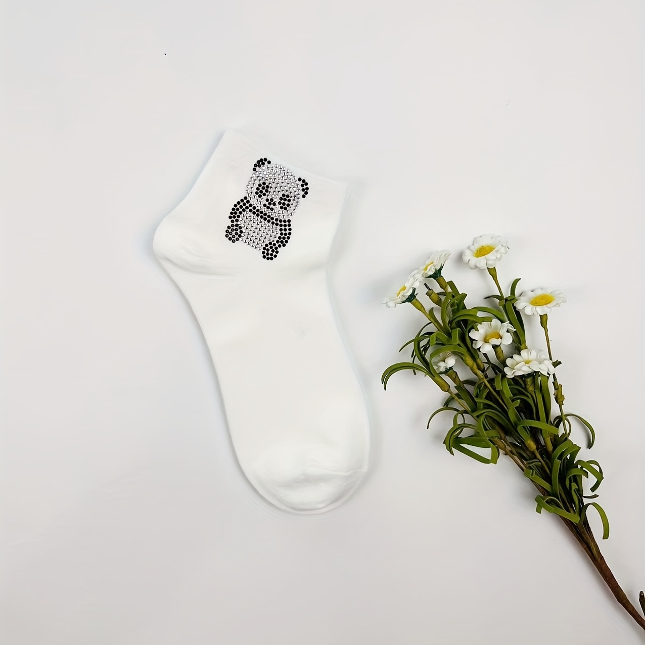 Panda Rhinestone Decor Socks Crew Short Women's Stockings