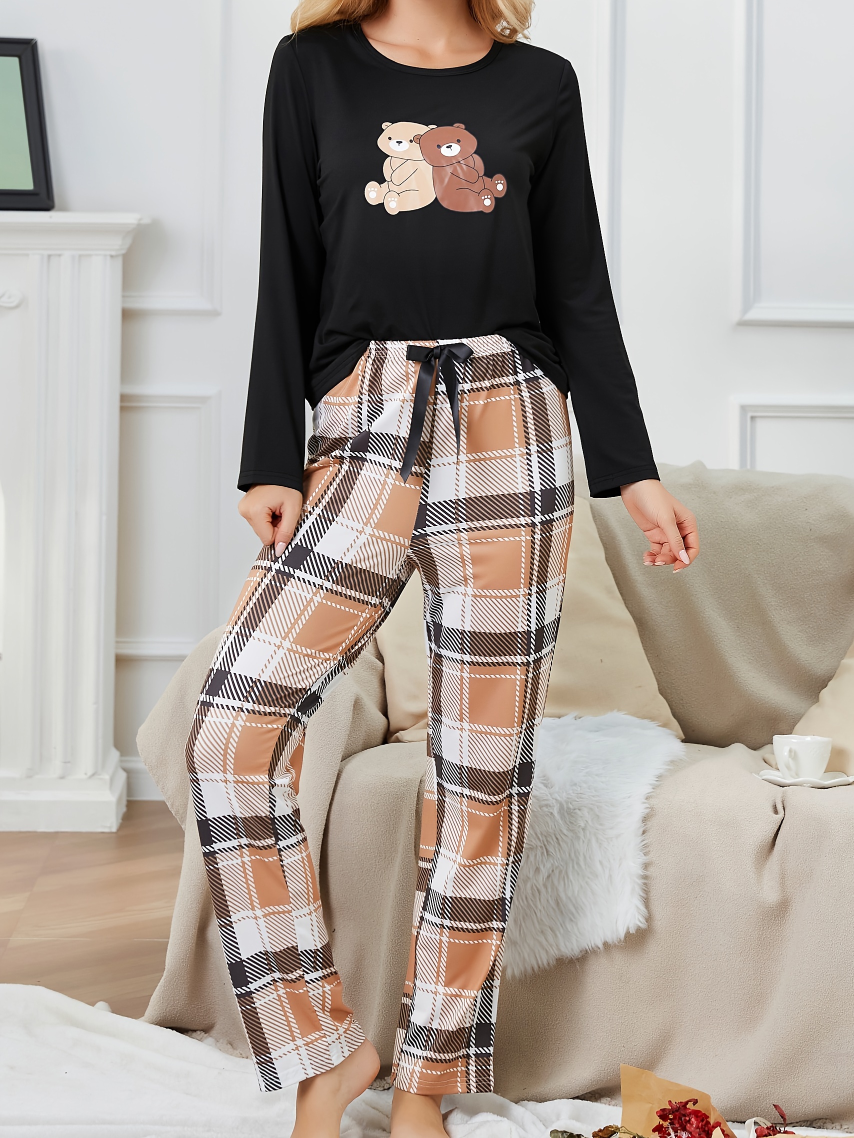 Plaid Satin Pajama Set, Long Sleeve Buttons Top & Elastic Waistband Pants, Women's  Sleepwear & Loungewear - Temu Bahrain