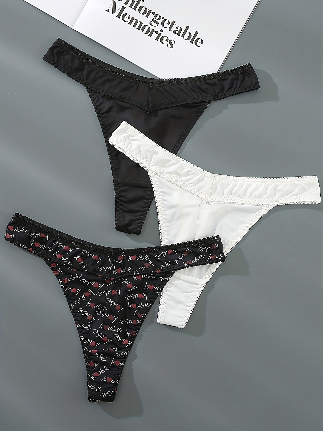 3 Pack Plus Size Cute Thongs Set, Women's Plus Fruit & Heart Print Contrast  Lace Medium Stretch Thongs Three Piece Set