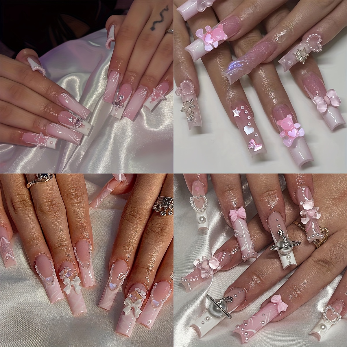 

4 Packs (96 Pcs) Glossy Pink Square Press On Nails, Long French Fake Nails With 3d Bow, Bear And Heart Pearl Design, Sweet Cool Y2k False Nails For Women Girls