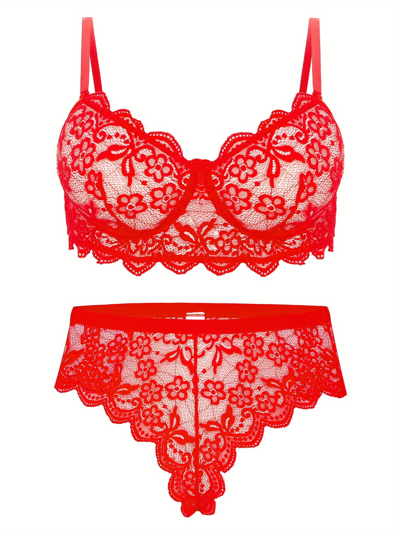 Red Lace Trim Underwired Lingerie Set