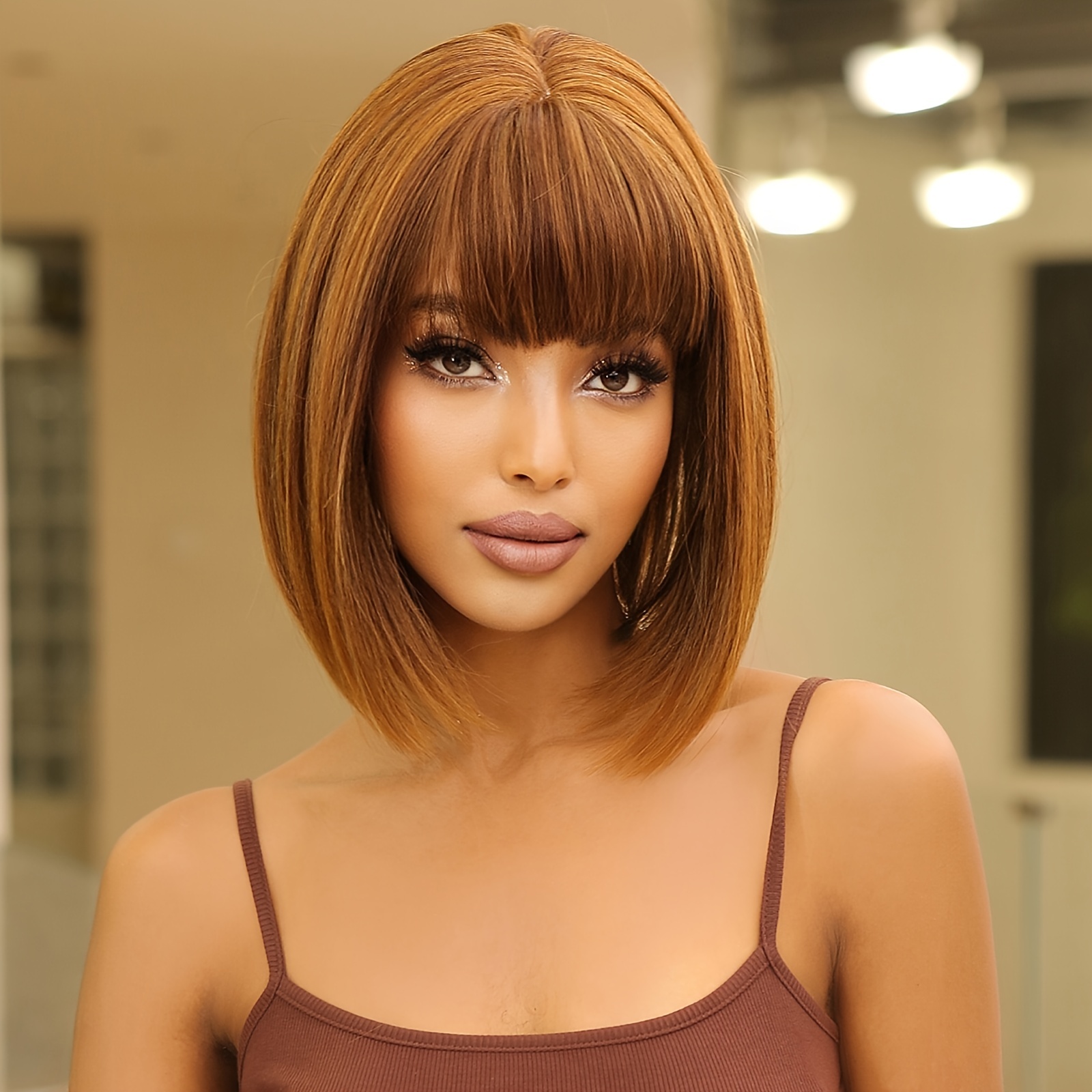 14 Inch Short Brown BOB Wigs for Women with Bangs Shoulder Length Hair Wig