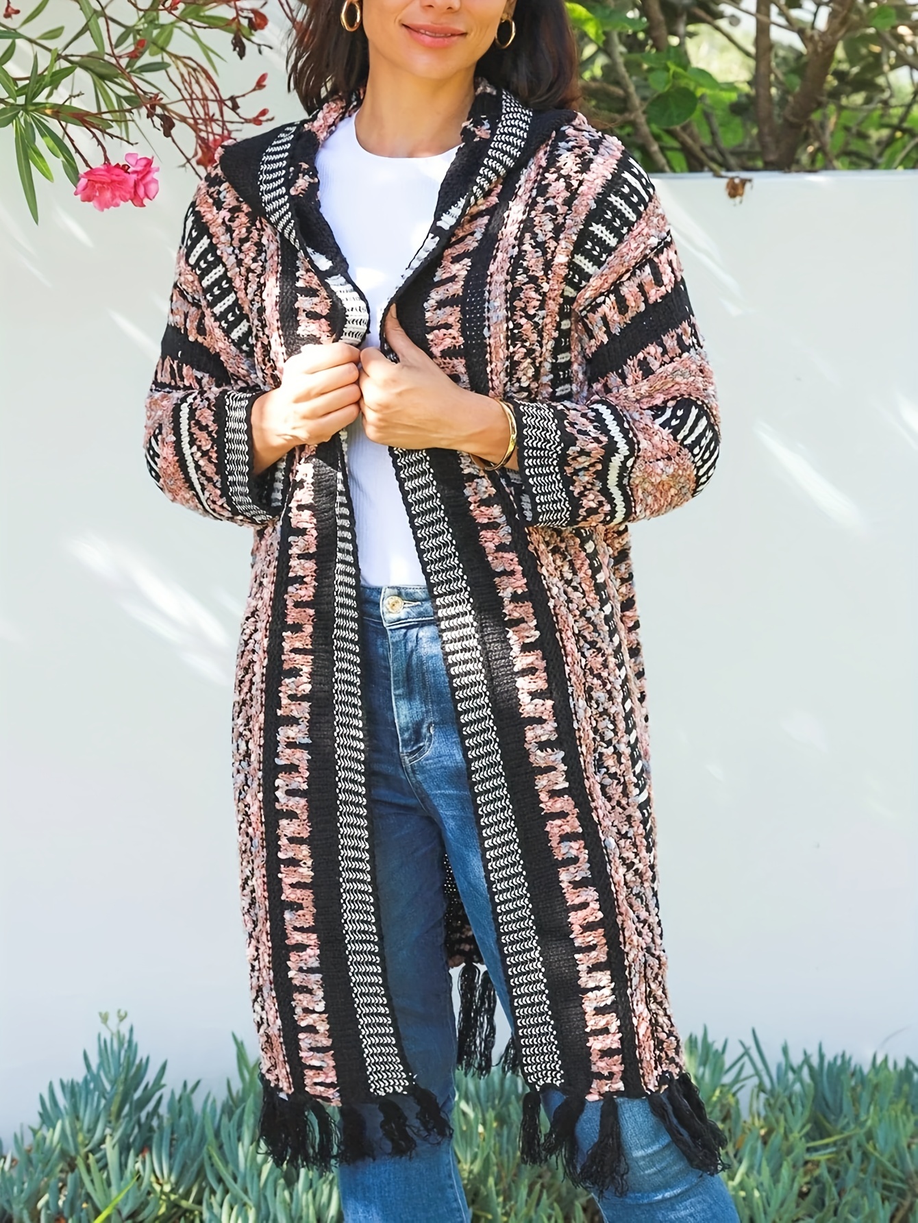 Plus Size Boho Cardigan, Women's Plus Aztec Print Long Sleeve Open Front  Tassel Trim Hooded Cardigan