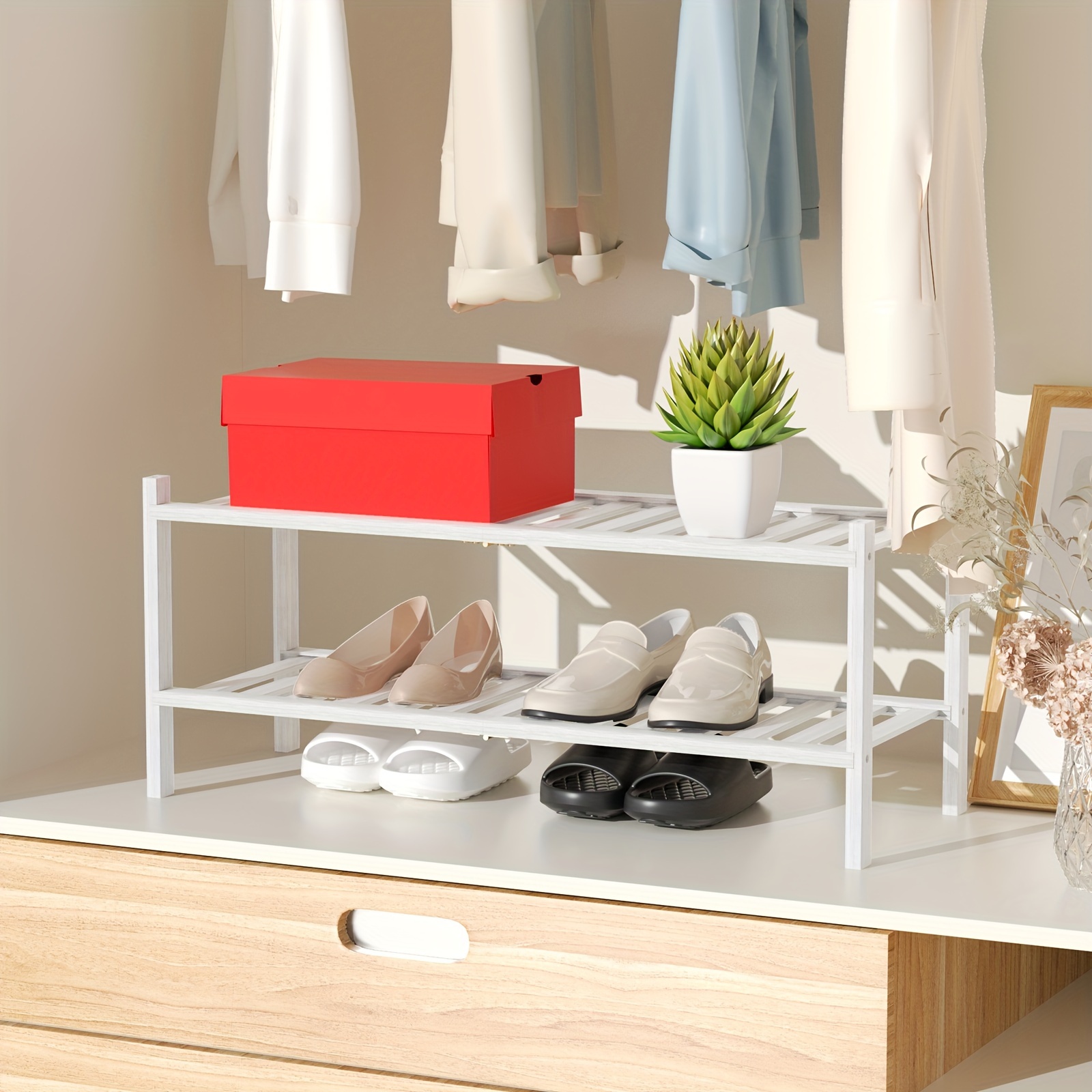 Natural 2-Tier Wood Shoe Rack