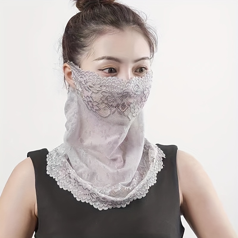 

Solid Color Elastic Neck Scarf Hanging Ear Sunshade Mask, Thin Lace Mesh Neck Gaiter, Elegant Breathable Neck Scarf For Women