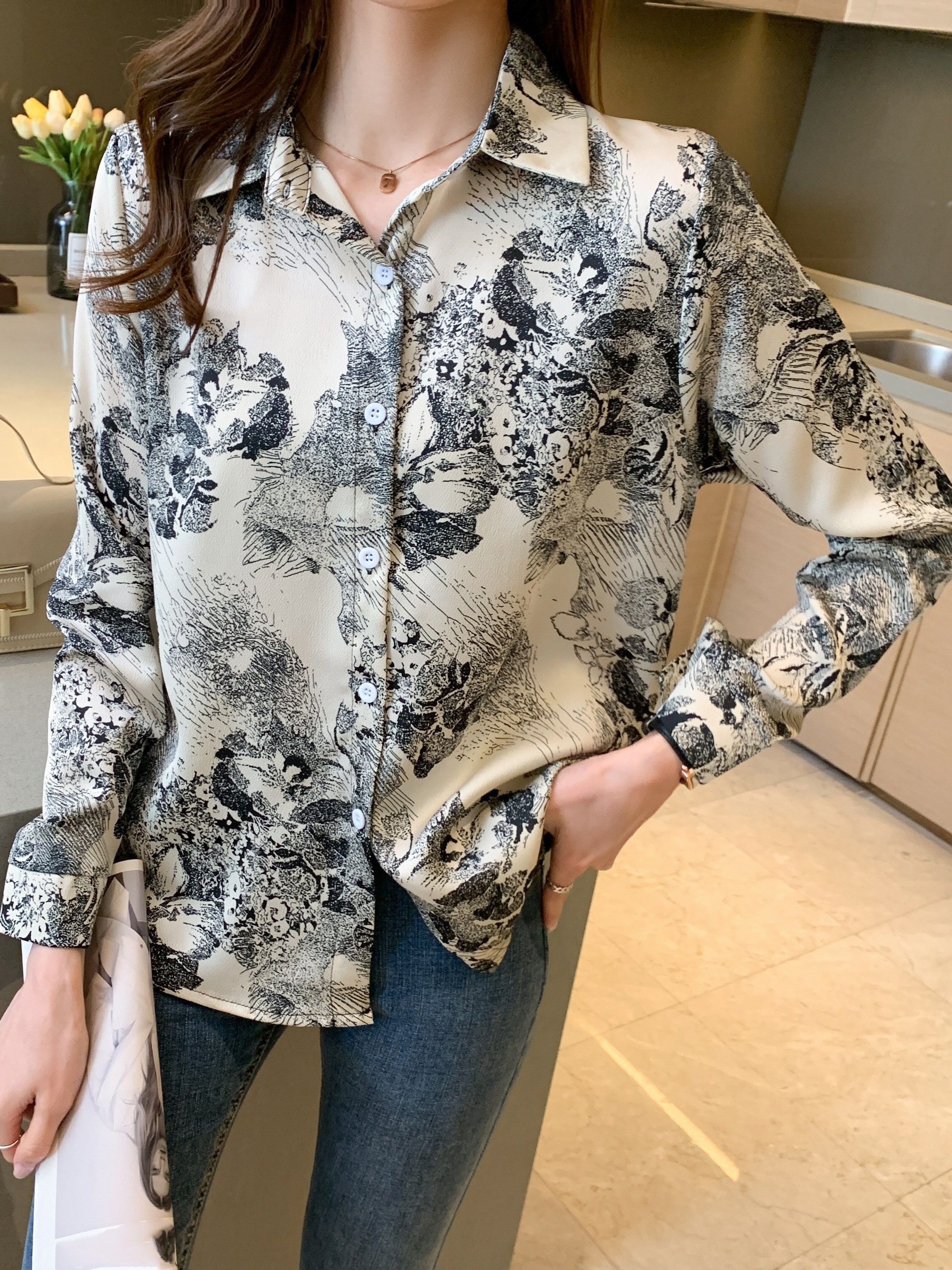 Women's Floral Print Shirt Button Down Long Sleeve Shirt