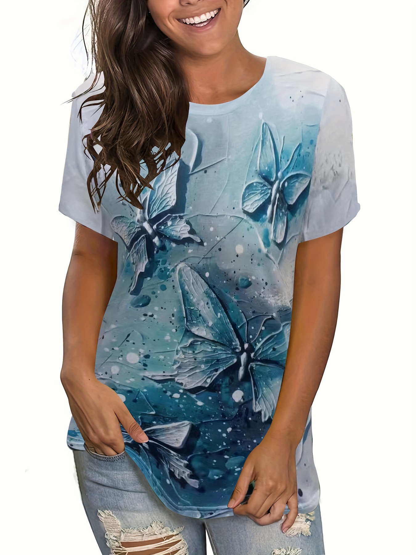 butterfly print crew neck t shirt casual short sleeve t shirt for spring summer womens clothing