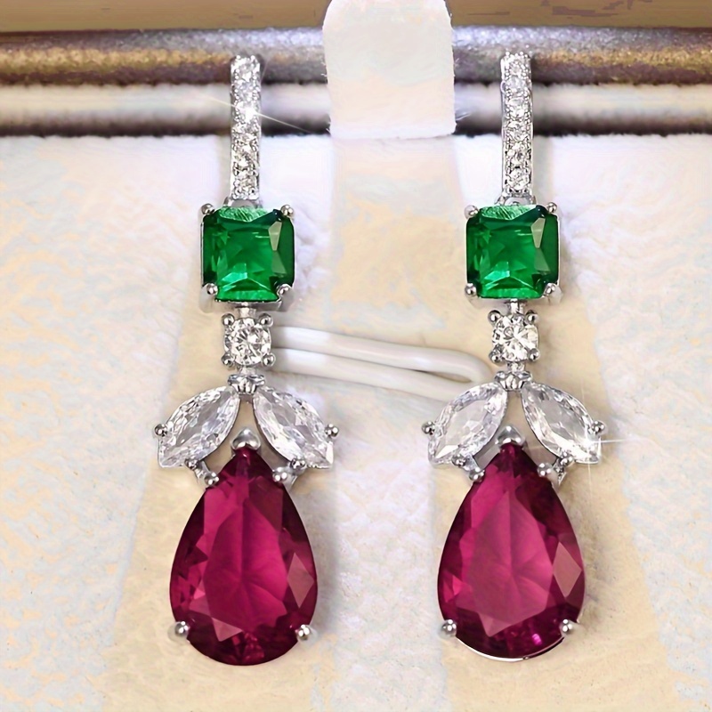 

Red Green & White Synthetic Gems Decor Dangle Earrings Elegant Luxury Style Banquet Ear Jewelry Female Gift