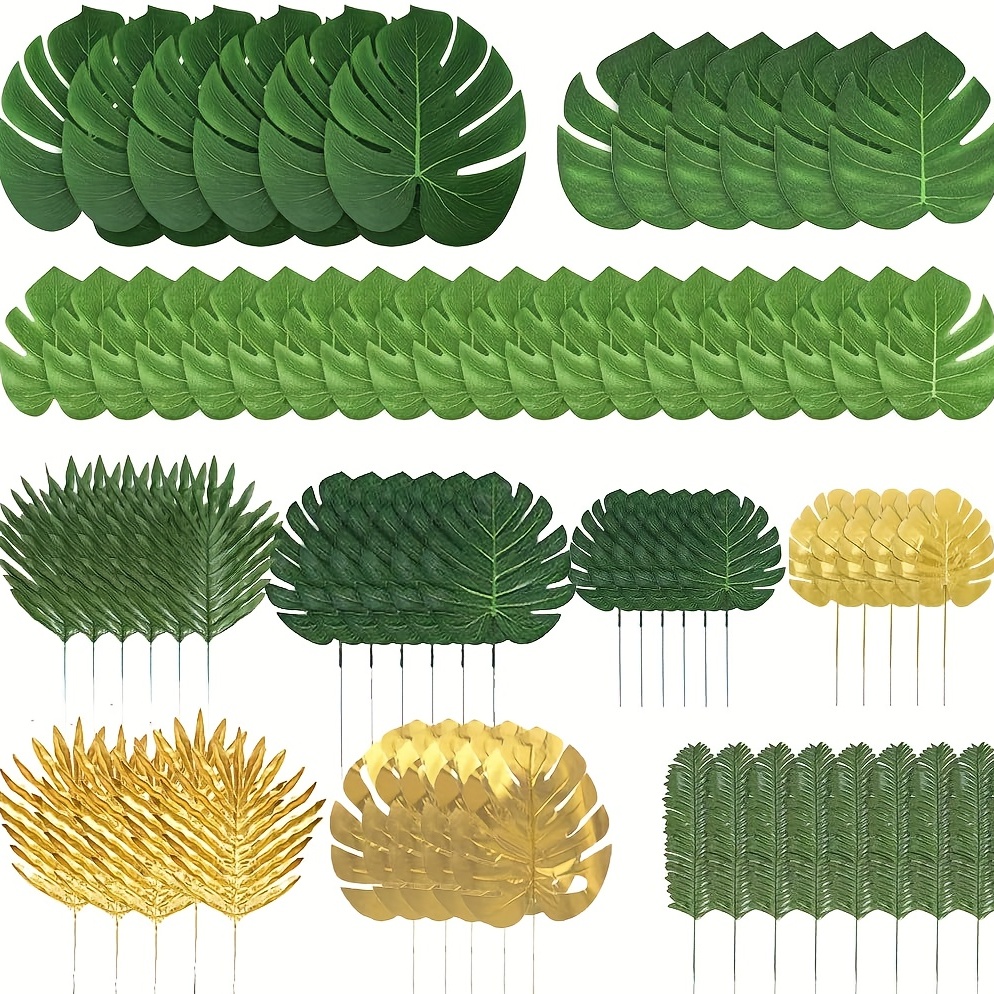 QUANQIUFEI 74 Pcs 7 Kinds Artificial Palm Leaves Tropical Fake Leaves,  Monstera Leaf Faux Leaves for Safari Jungle Hawaiian Dinosaur Luau Party  Table