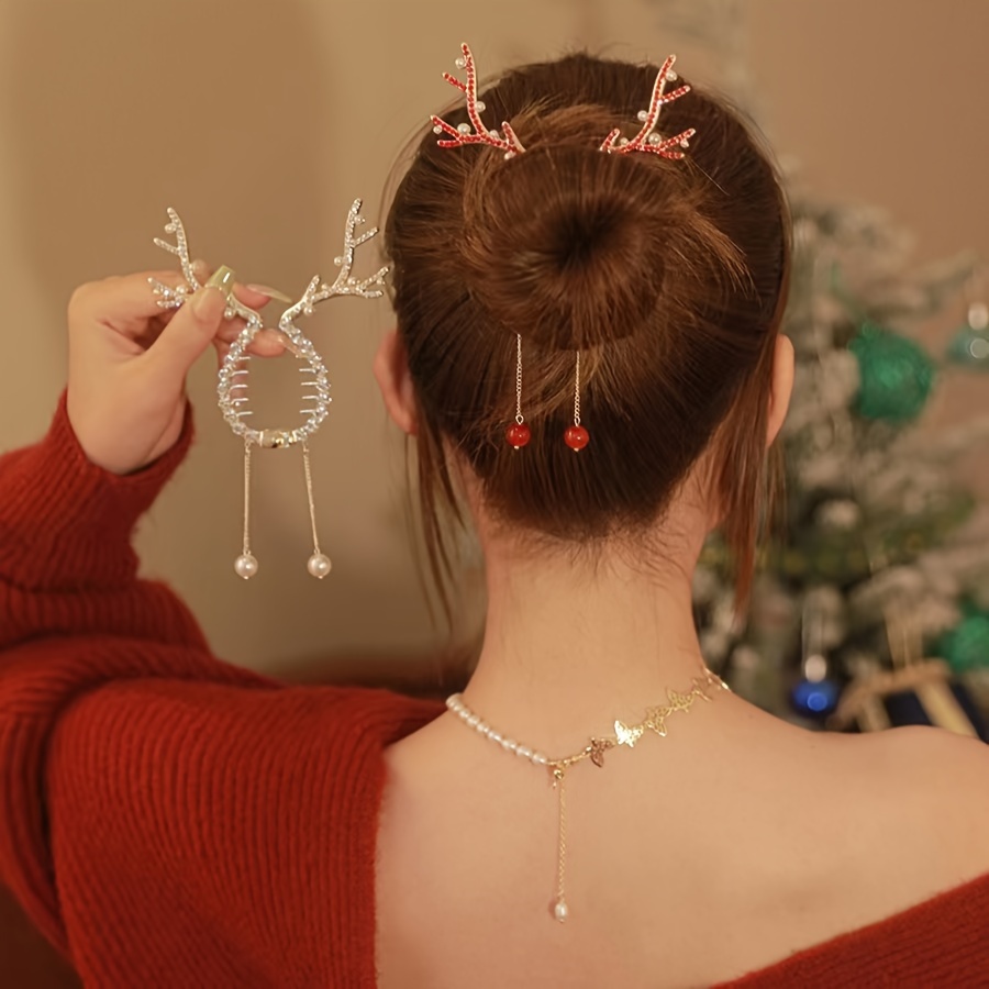 

1pcs/2pcs Christmas Antler Decor Hair Clip, Rhinestone Tassel Ponytail Fixed Clip Cute Headwear For Women Girls