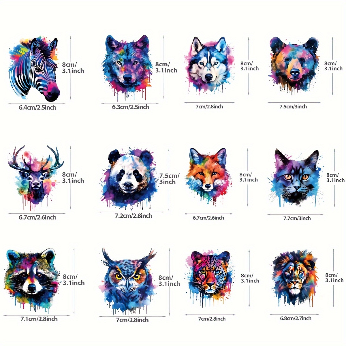 12 Exquisite Animal Head Designs For Heat Transfer Printing, Featuring Realistic And Colorful Wolves, , Pandas, , And Deer, Suitable For Small For Pillow Covers, Clothing, Hats, And Fabrics