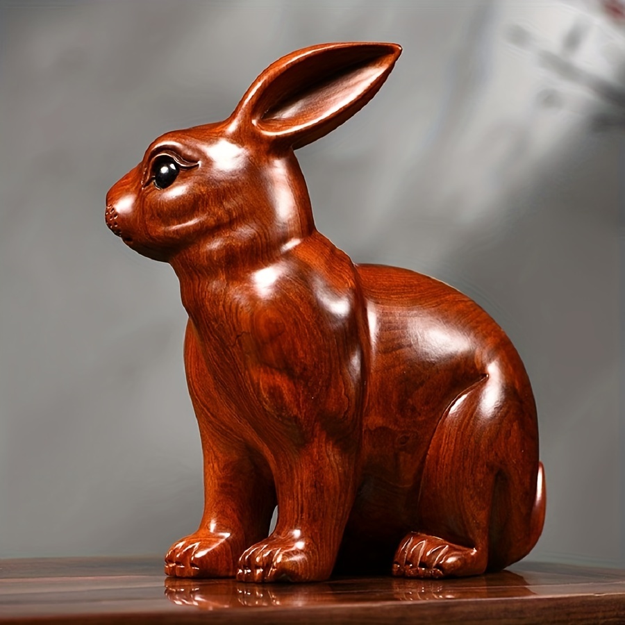 Fair Trade Hand Carved Wooden Rabbit Statuette, 'Cute Ginger Rabbit