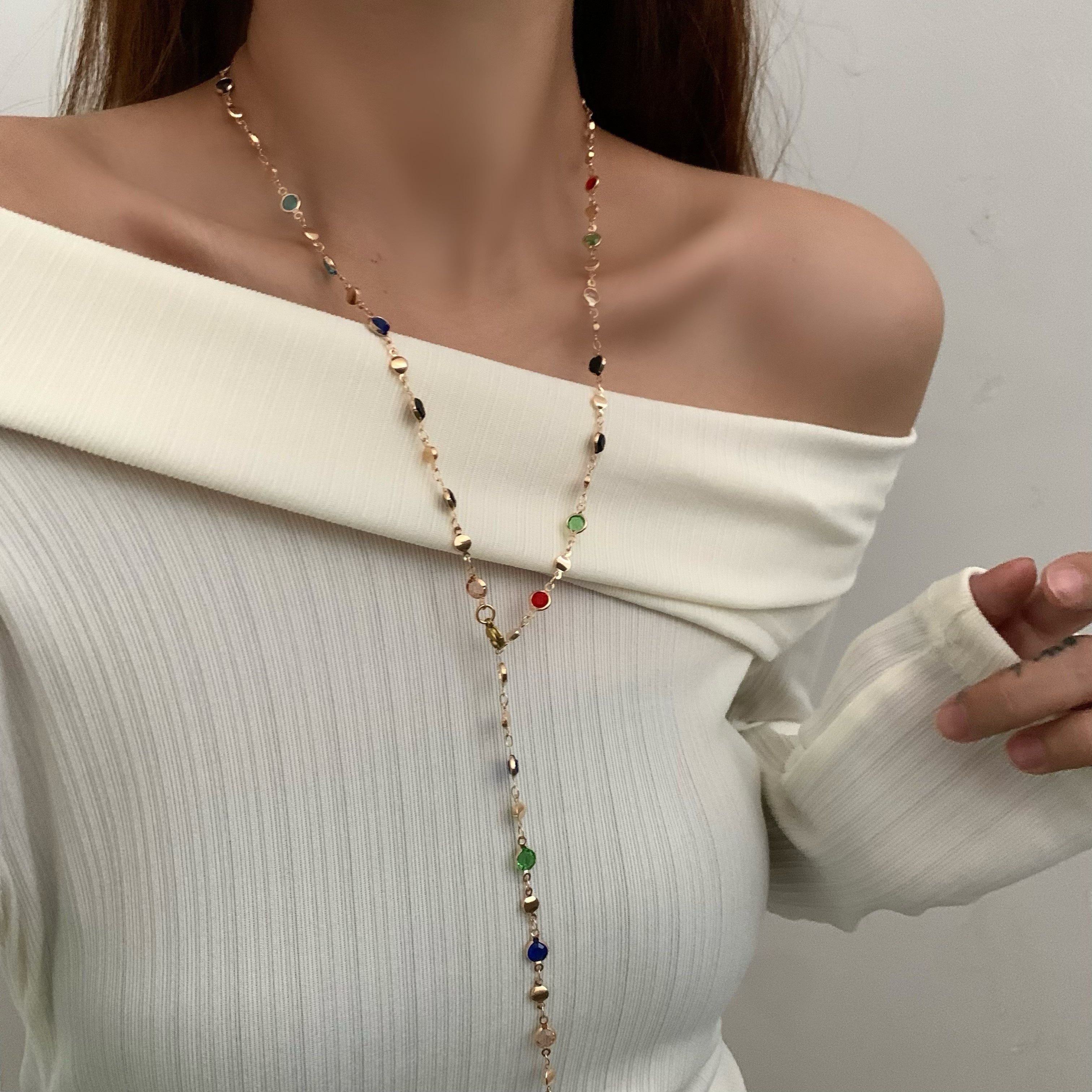 TEMU Suéter De Cuello Profundo Y Sexy Con Cadena Y Cuentas De Vidrio Coloridas, Joyería De Fiesta En Forma De Y De Cobre Para De San Valentín