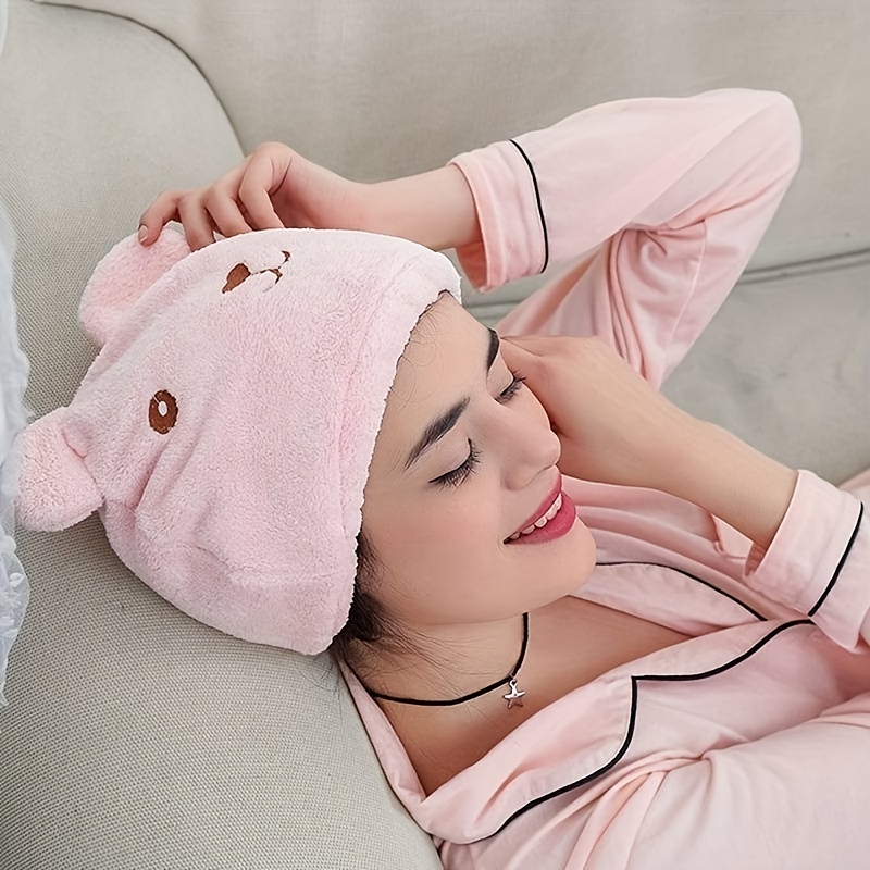 

1pc Cute Bear Design Hair Drying Cap, Lovely Animal Thickened Hair Towel For Bathroom, Women's Absorbent Quick-drying Shower Cap, Bathroom Supplies, Bathroom Accessories
