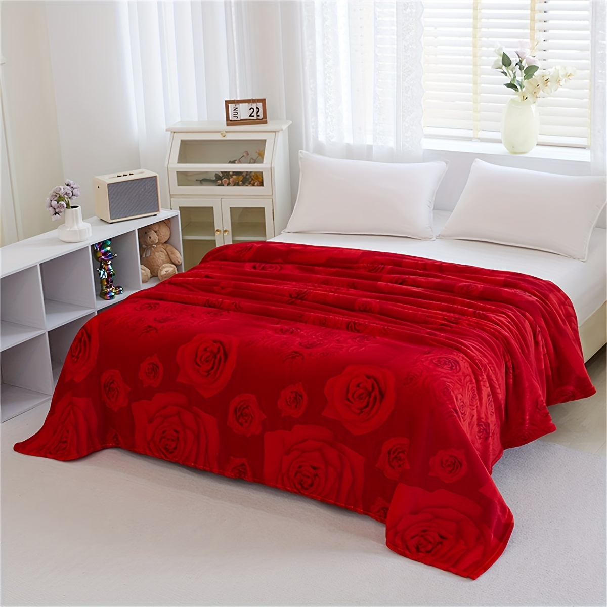 

1pc Rose Pattern Bed Blanket, Soft Comfortable Blanket For Sofa Office Bed Camping Travelling, Valentine's Day Gift Blanket