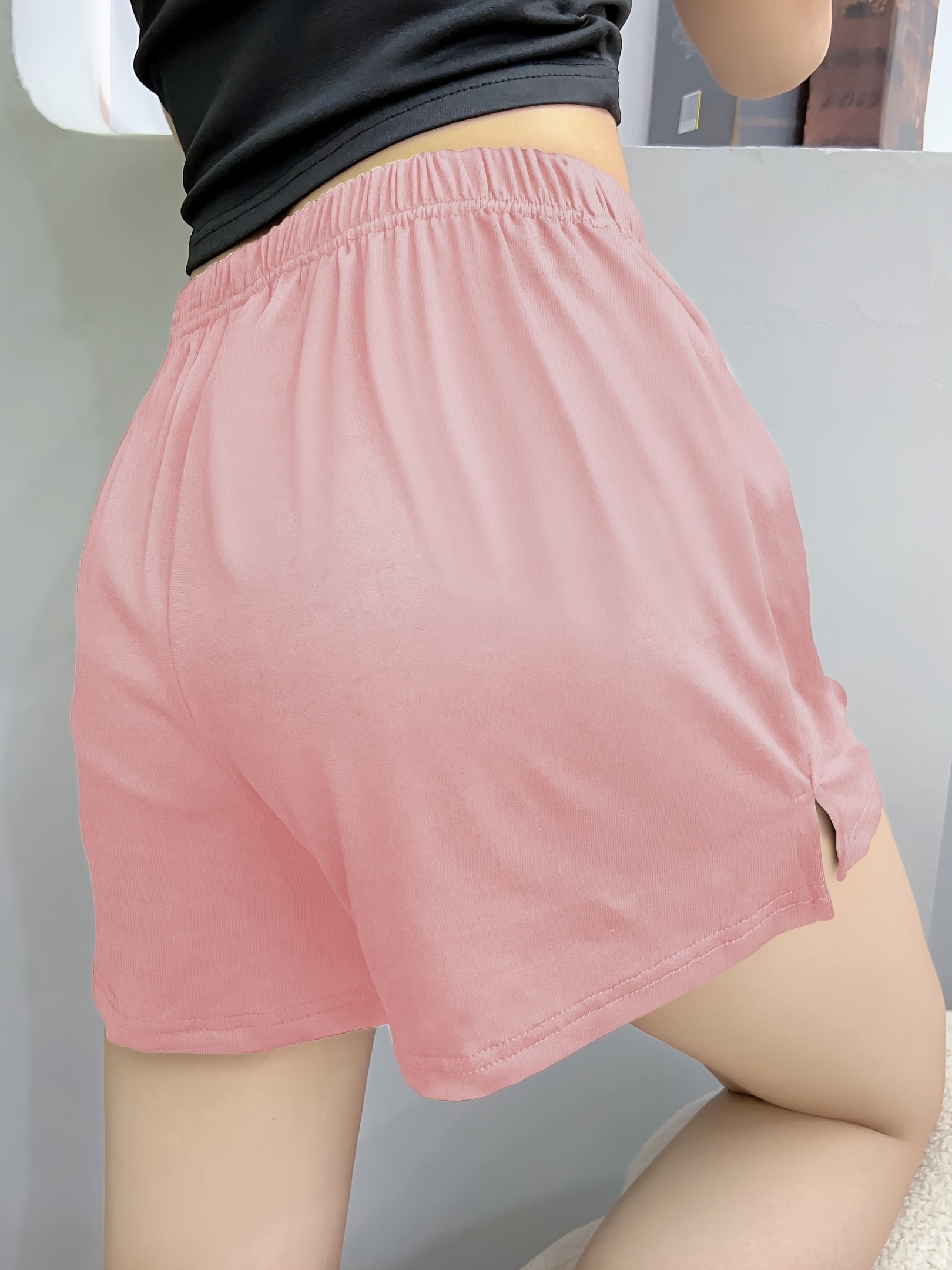 Plus Size Simple Pajama Bottoms, Women's Plus Solid Elastic Waist Split Hem Loose Loungewear Shorts