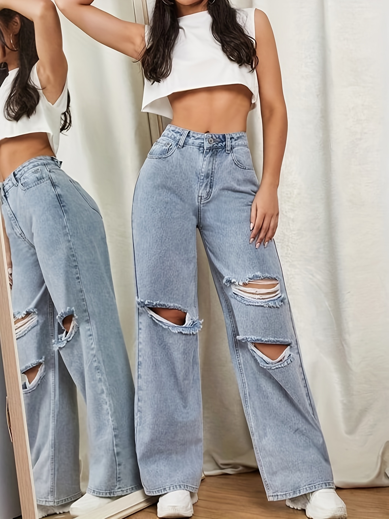 Blue Ripped Holes Straight Jeans, Loose Fit Slant Pockets Casual Baggy  Jeans, Women's Denim Jeans & Clothing