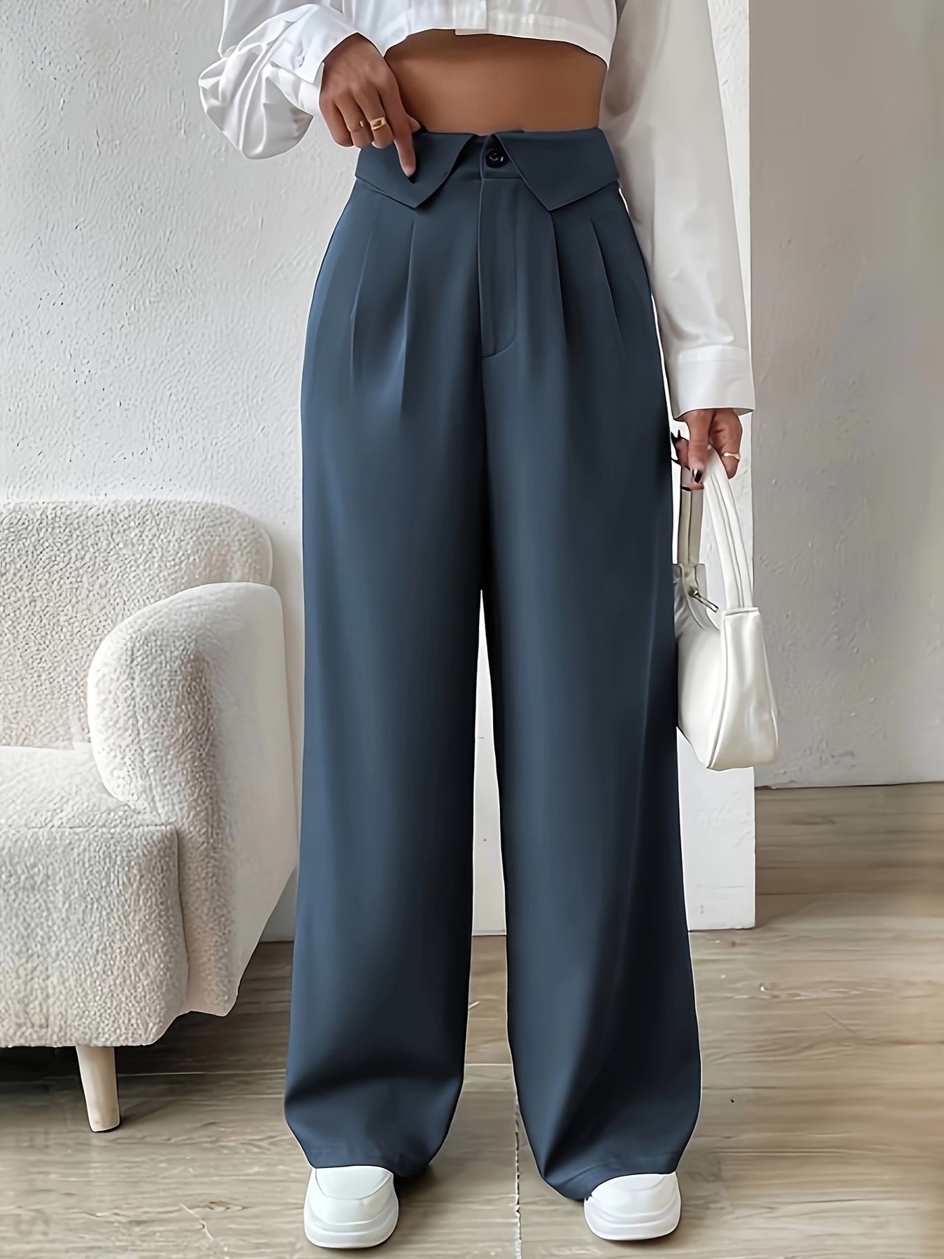 Solid Pleated Wide Leg Pants Elegant High Waist Pocket Pants - Temu
