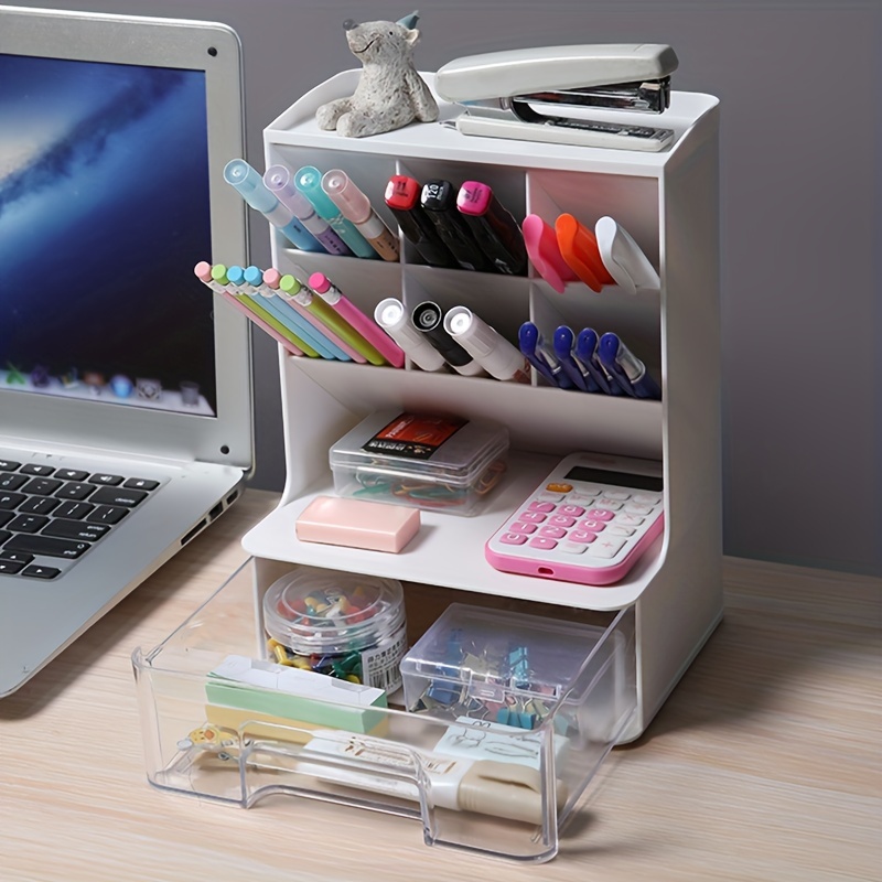 Pen Organizer For Desk, Multi-Functional Pen Holder, Desk Pencil Holder, Pencil Holder With 7 Compartments And 1 Drawer For Office School Home