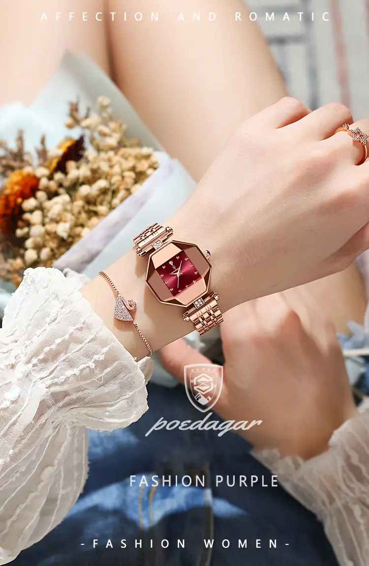 poedagar womens luxury dial cutting quartz watch elegant polygon pointer analog stainless steel wrist watch details 1