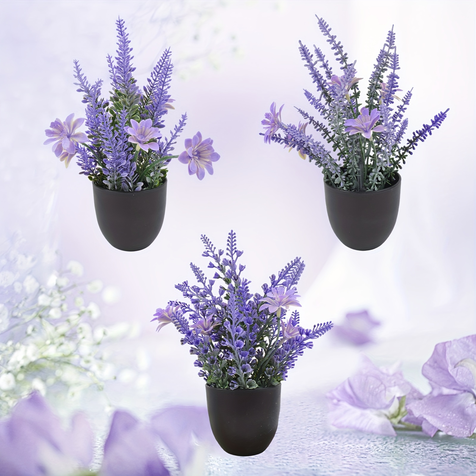 

3pcs Artificial Purple Lavender Bonsai, 20cm/7.87in Plastic Plant Purple Mini Potted Plant, Suitable For Home Table Decoration Small Ornament