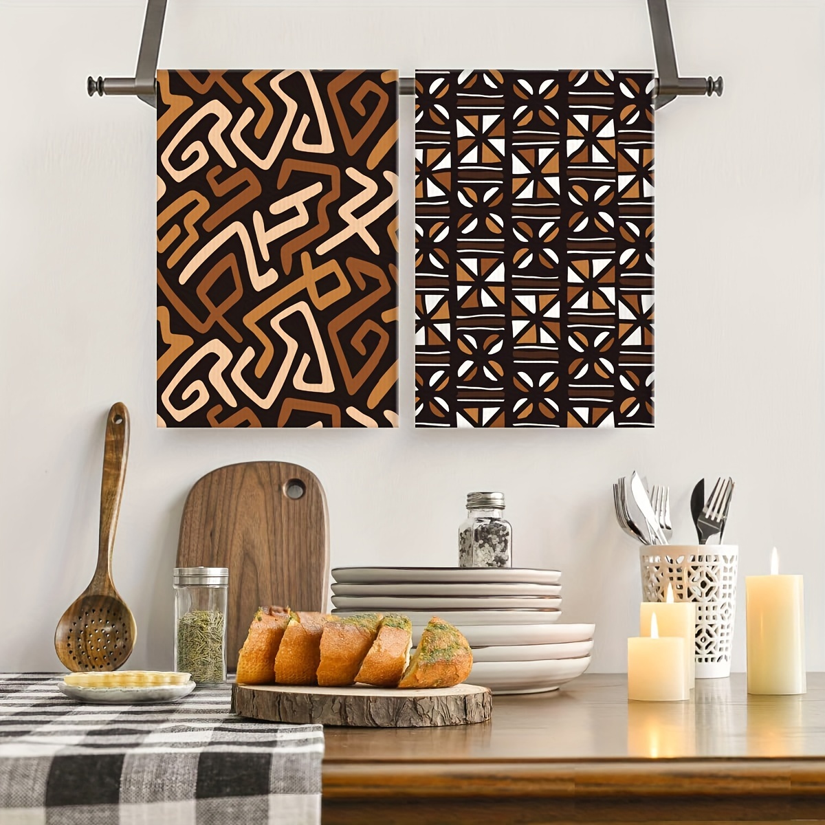 2pcs, African Theme Hand Towels, Ethnic Geometric Brown Design Kitchen Dish  Towel Set, Native African Decorative Scouring Pad, Ultra Absorbent Hand Dr