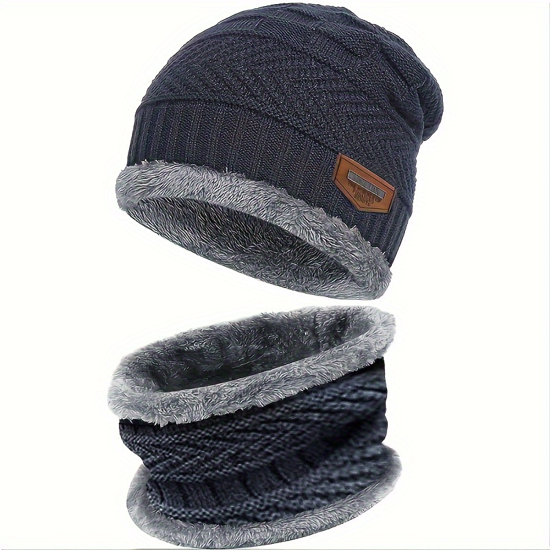 2pcs Winter Beanie Hat Scarf Set, Warm Knitted Hat Thick Fleece Lined  Winter Hat & Neck Warmer For Men Women
