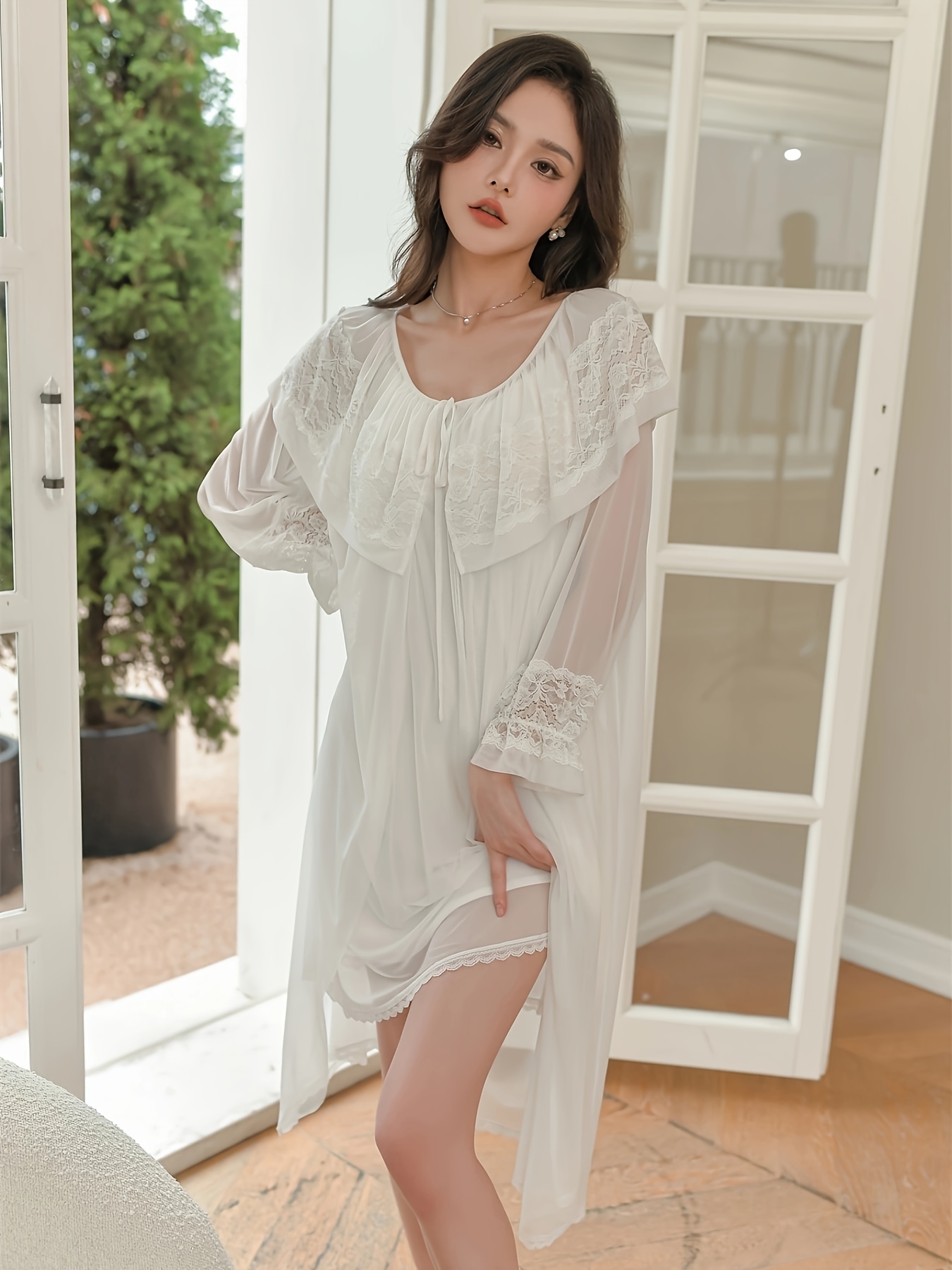 Women's V-neck lace edge Modal Nightgown Mesh Long Sleeved Pajamas