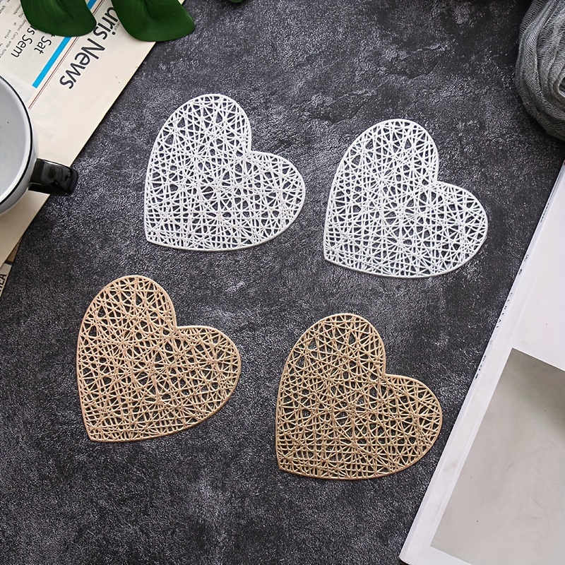 4pcs, Placemats, Creative Love Heart Shape Small Coaster, Household Decorative Meal Coaster, PVC Heat Insulation Bronzing Coaster, Coffee Non-slip Placemat, Dining Table Decor