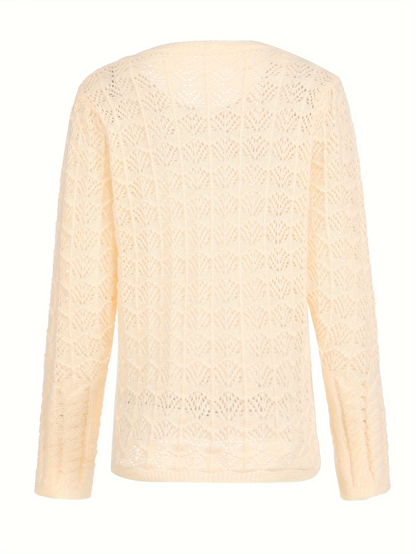 Solid Crew Neck Pointelle Knit Sweater Casual Long Sleeve - Temu