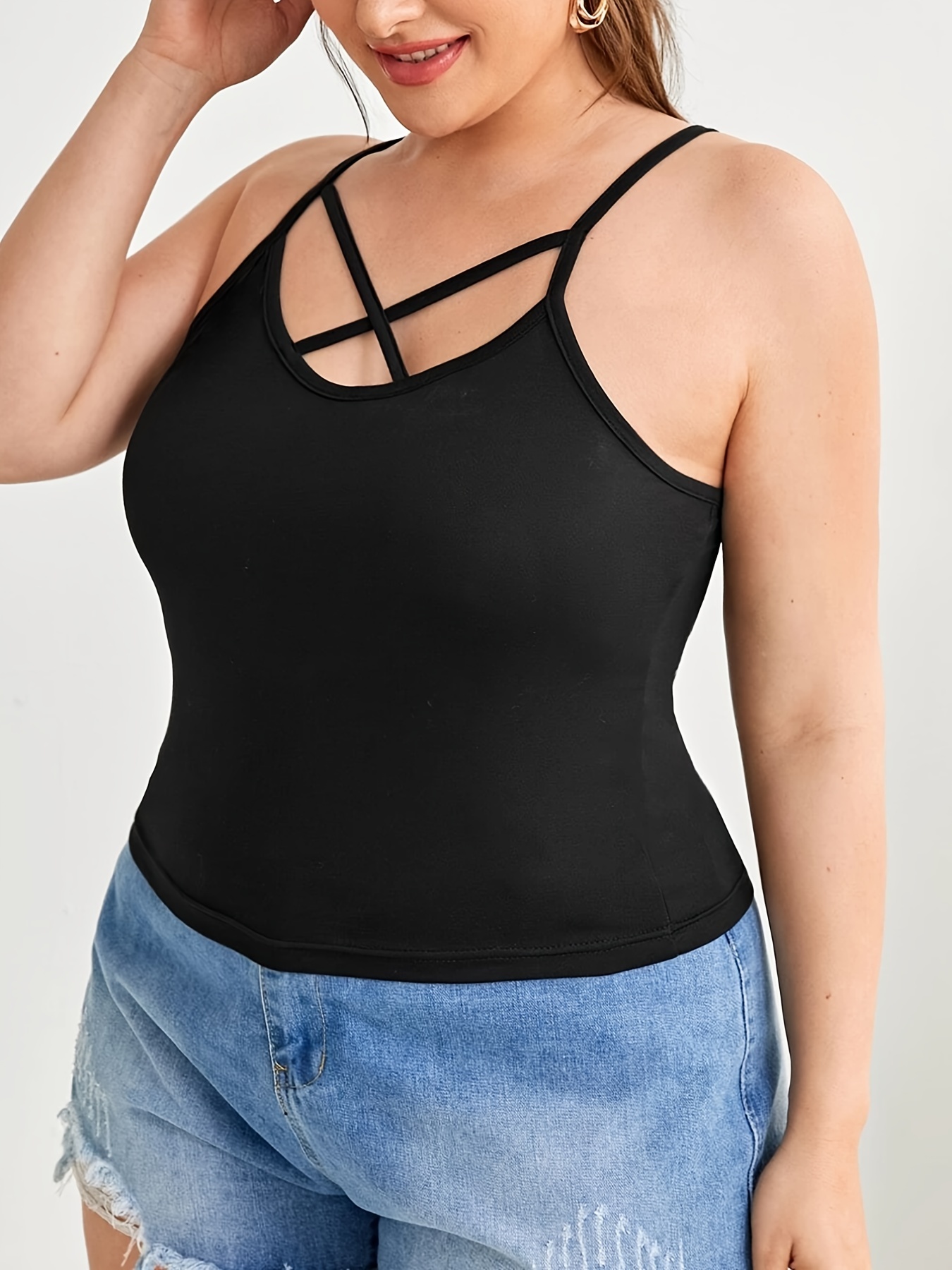 Plus Size Casual Cami Top Women's Plus Solid Backless Round - Temu