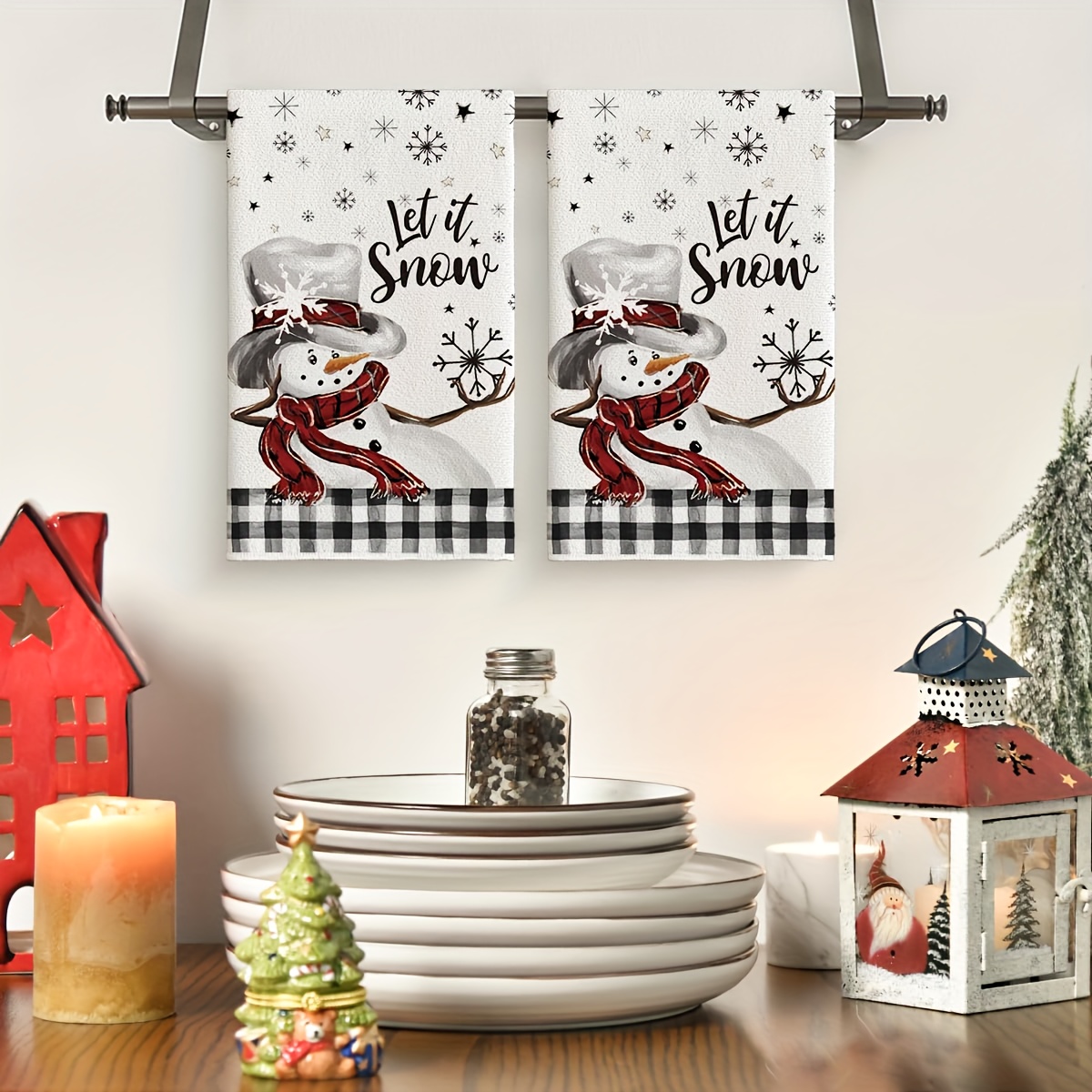 Christmas Kitchen Towels, Buffalo Plaid Snowman Snowman Pattern