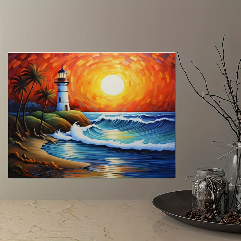 1pc Framed Seascape Canvas Print Poster Beach Lighthouse Canvas Wall