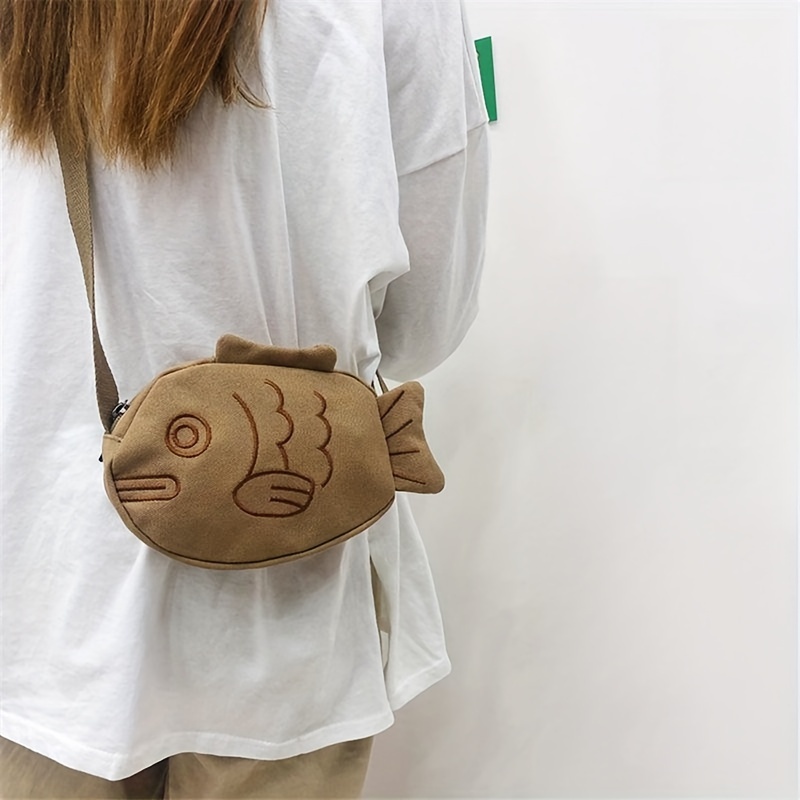 Little Fish Shaped Crossbody Bag, Cute Cartoon Coin Purse, Creative Canvas Mobile Phone Bag,Animal Print,Brown,$3.49,Temu