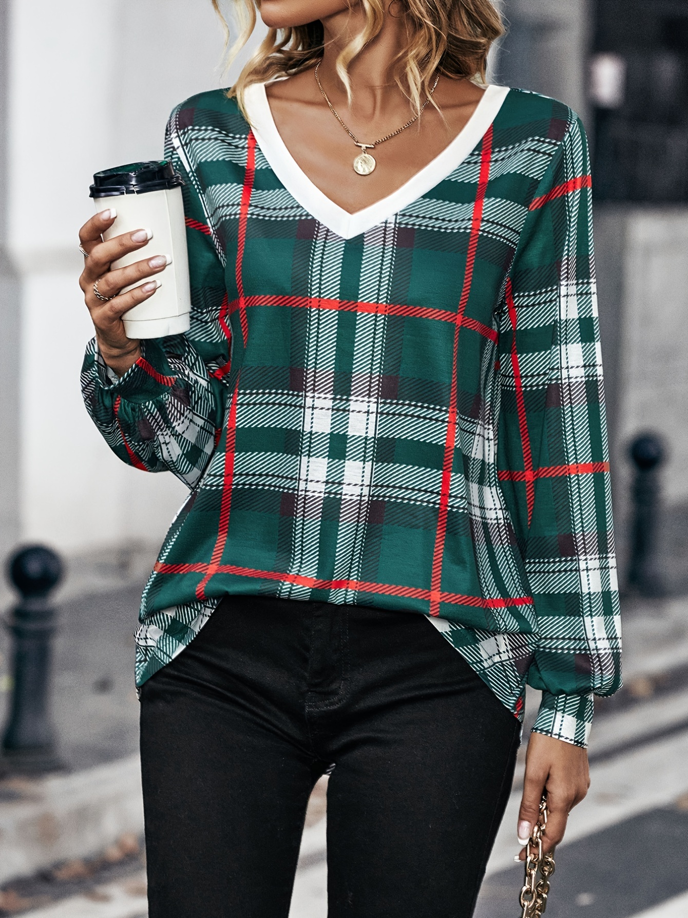 Plaid Print Deep V Neck Long Sleeve T-shirt, Casual Autumn & Winter Stylish  T-shirt, Women's Clothing