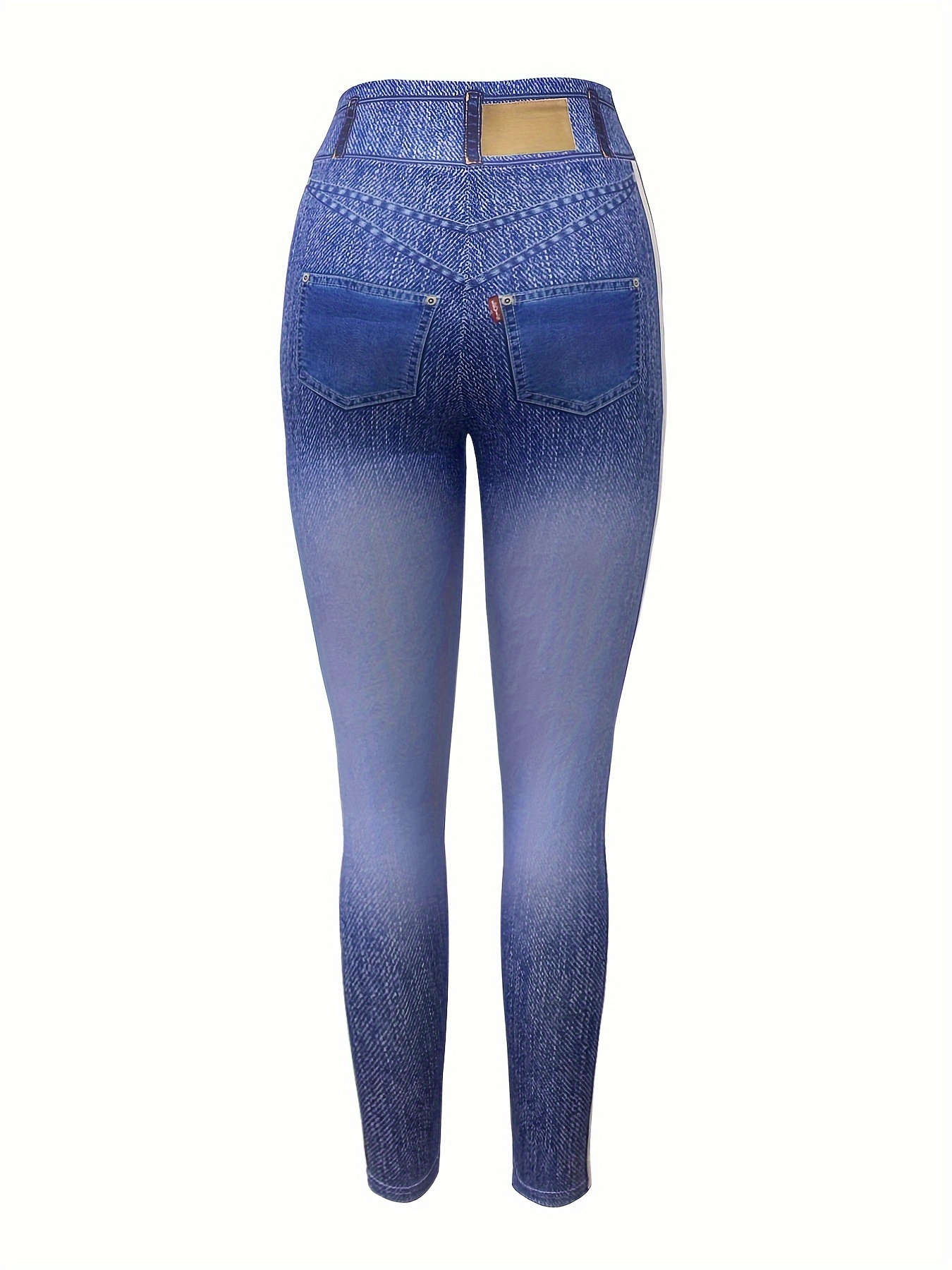 Fashion Faux Denim Print Sports Leggings Women High Waisted - Temu