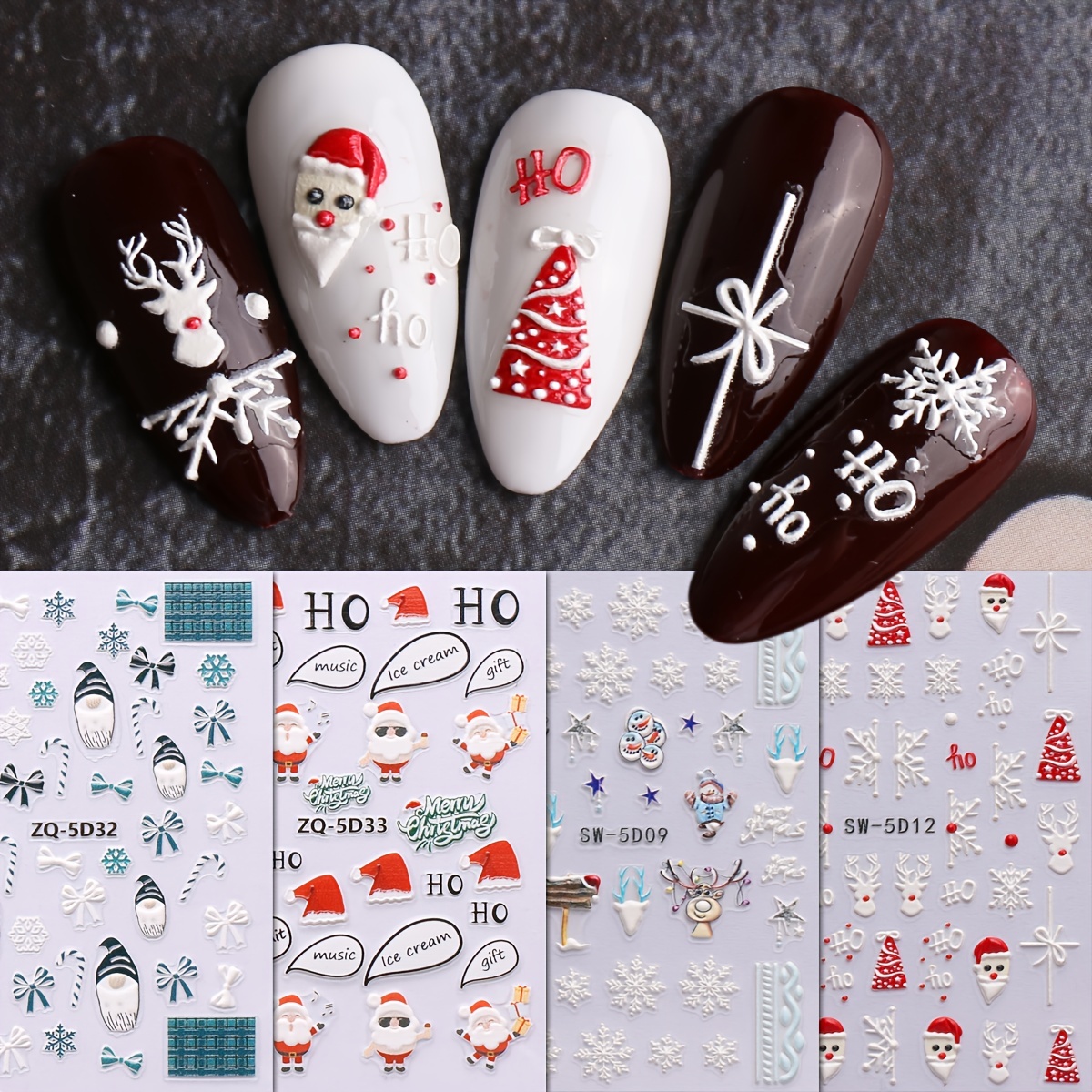 5d Embossed Christmas Nail Art Stickers,self Adhesive Snowflake
