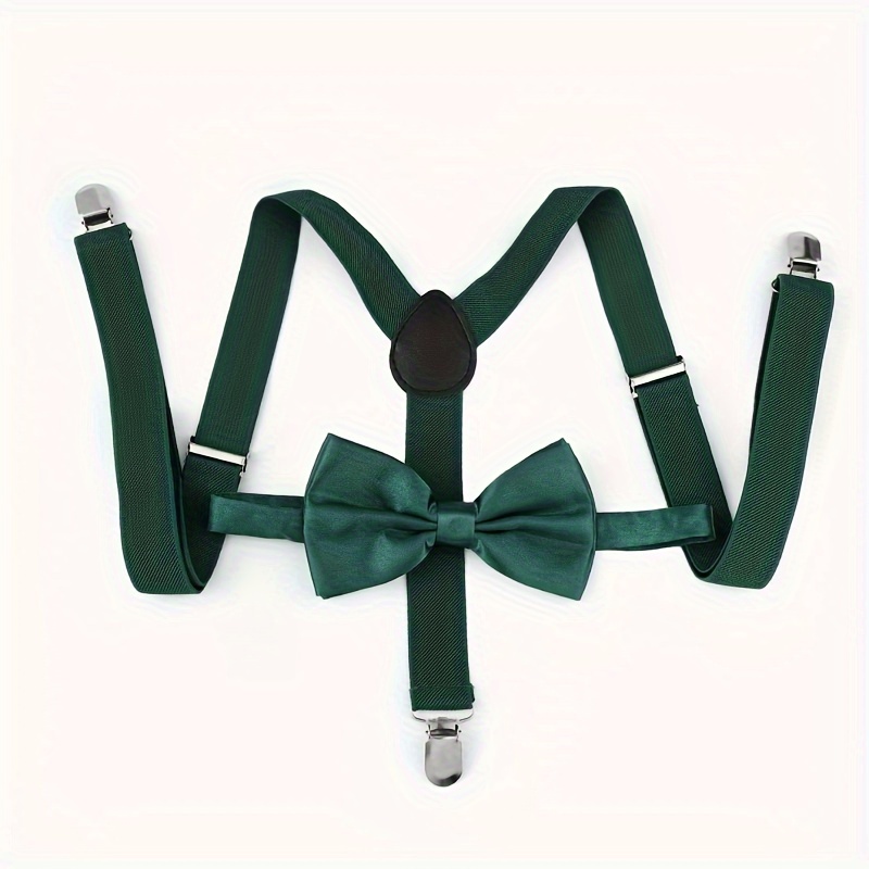 Green Solid Y Back Adjustable Suspenders Tie Set